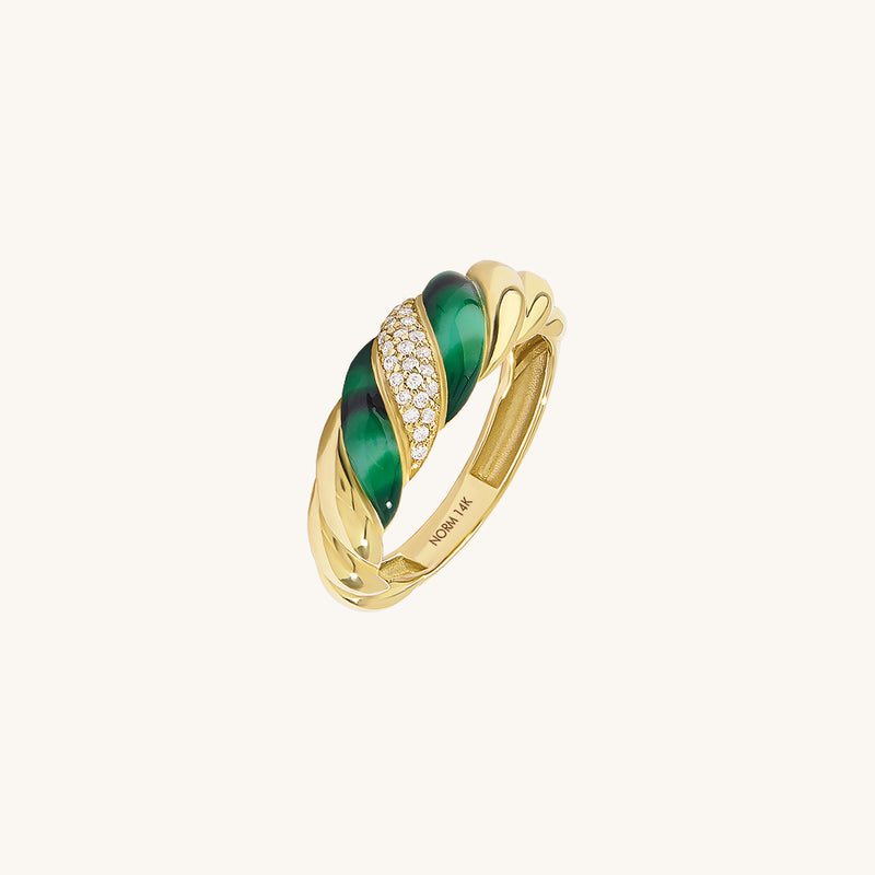 14K Real Gold Croissant Ring with Green and CZ Diamond Details