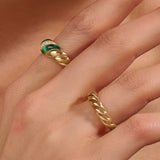 14K Real Yellow Gold Green Enamel and Paved Croissant Ring