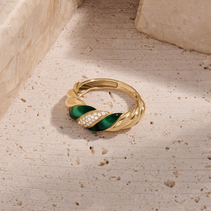 14K Real Gold Green Croissant Ring, Women's Chunky Twisted Dome Ring