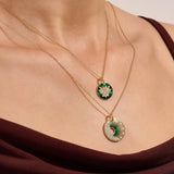 14k Solid Gold Green Lotus Coin Necklace