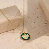 14K Solid Gold Lotus Green Enamel Circle Necklace