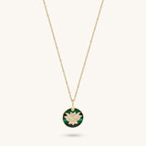14K Real Gold Lotus Green Enamel Circle Necklace