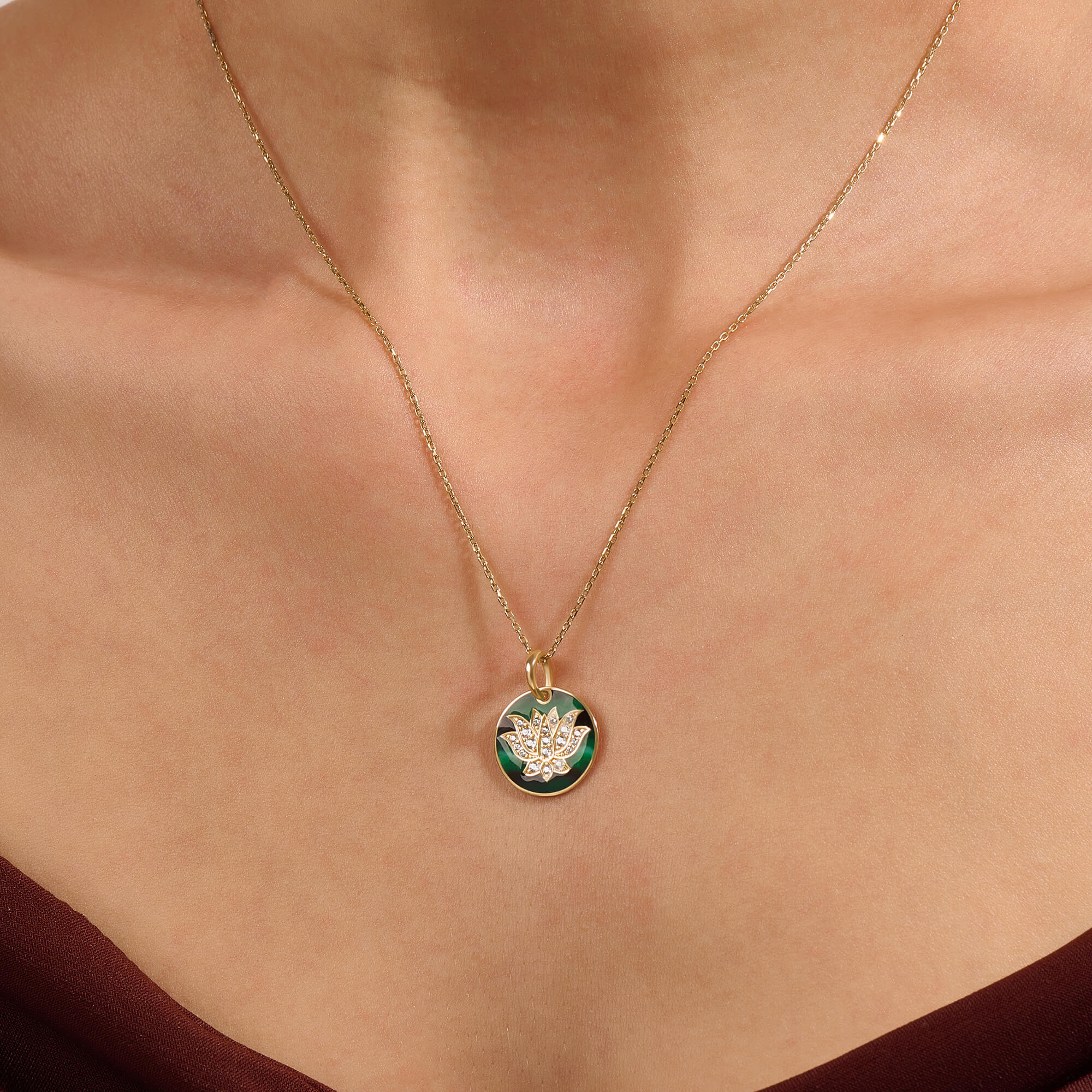 14K Solid Gold Enamel Green Lotus Necklace