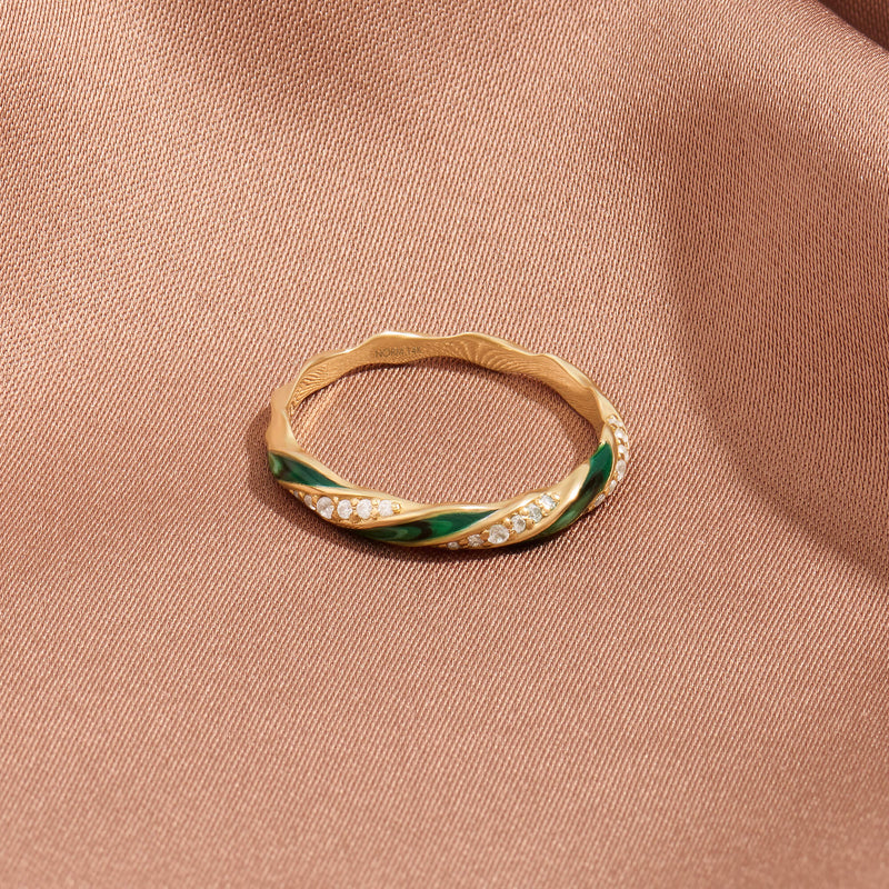 14K Solid Yellow Gold Twisted Eternity Ring - Green Enamel & CZ Pave