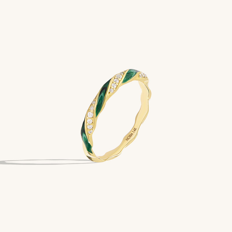 14K Real Gold Twisted Green Enamel and CZ Pave Stacking Ring