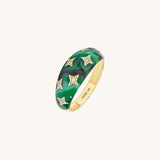 Green Enamel Star Dome Ring in Solid 14K Gold