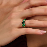 14K Solid Yellow Gold Green Enamel Star Pave Pave Dome Ring