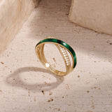 14K Solid Gold Thick X Ring with Green Enamel & CZ Diamonds Details