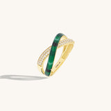 14K Real Yellow Gold Green Enamel and CZ Pave Bold X Ring
