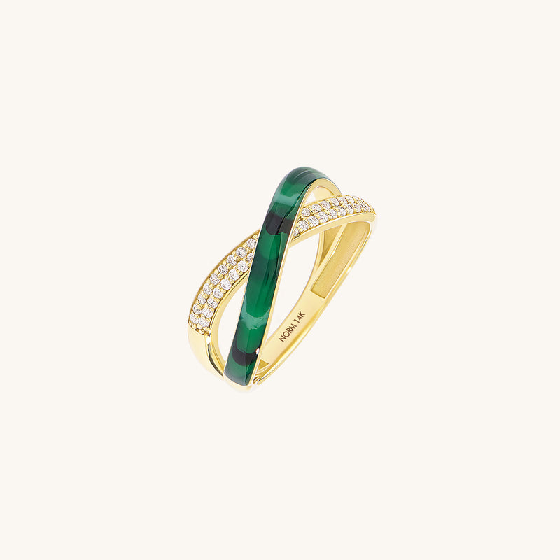 Green Enamel X Ring in 14K Real Gold