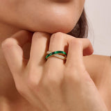 14K Real Gold Thick X Ring with Green Enamel & CZ Diamonds Details