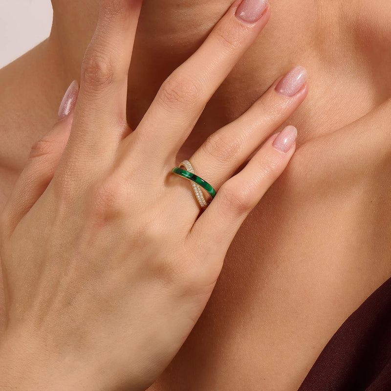 14K Real Gold Green Enamel and CZ Pave Bold X Ring