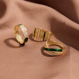 14K Solid Yellow Gold Green Enamel and CZ Pave Bold X Ring