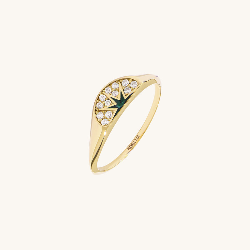 Green Enamel Sun Half Signet Ring in Solid 14K Gold