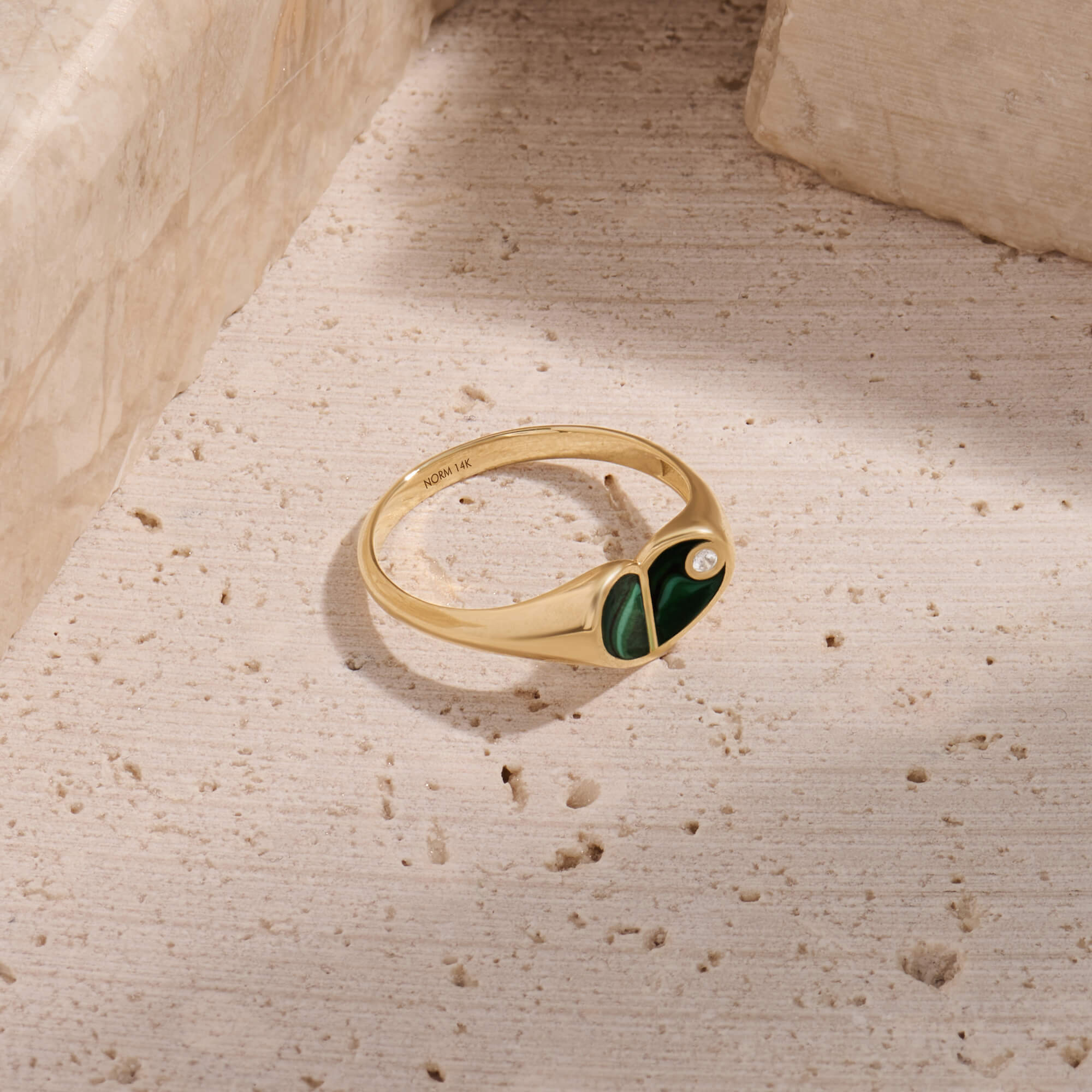 14K Solid Yellow Gold Green Heart Signet Ring