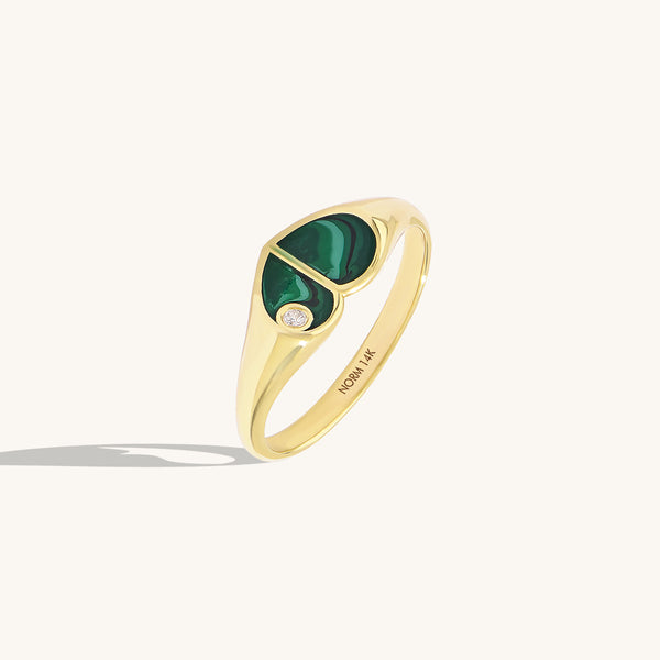 14K Solid Gold Heart Signet Ring Finished with Green Enamel
