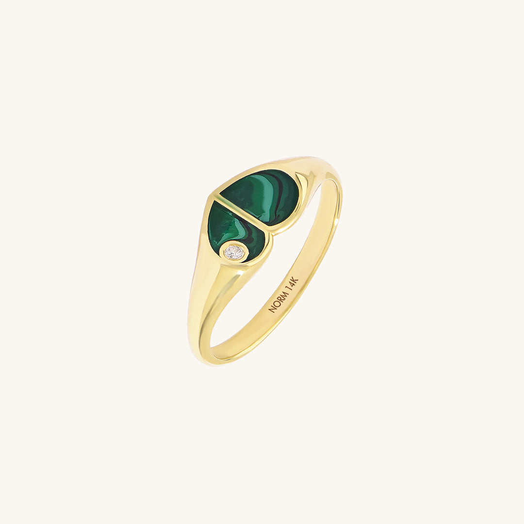 14K Real Yellow Gold Heart Signet Ring - Green Enamel