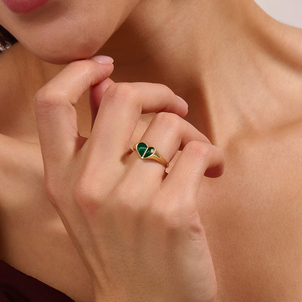 14K Real Gold Heart Signet Ring Finished with Green Enamel