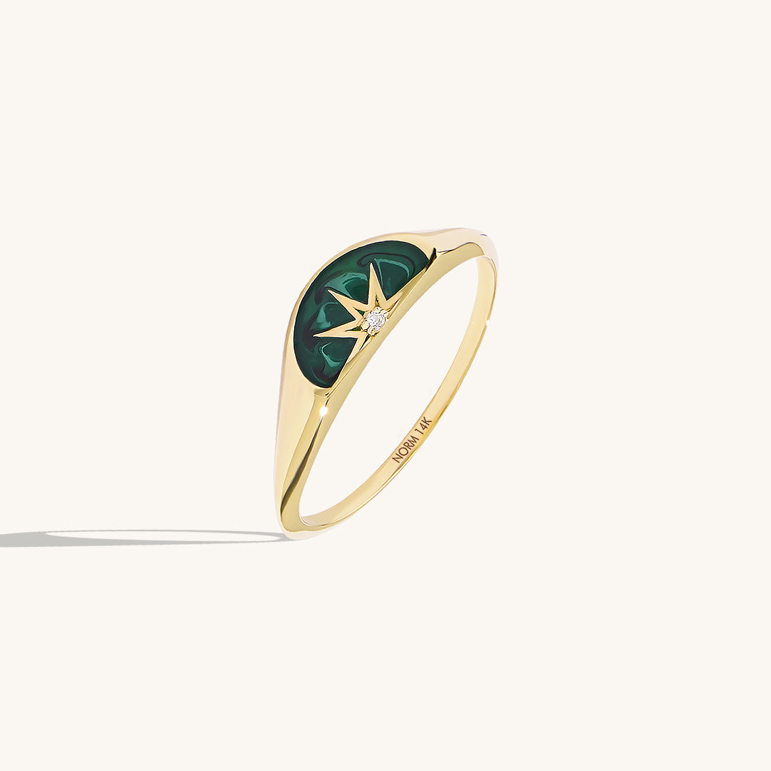 14K Solid Gold Sun Green Enamel Half Signet Ring