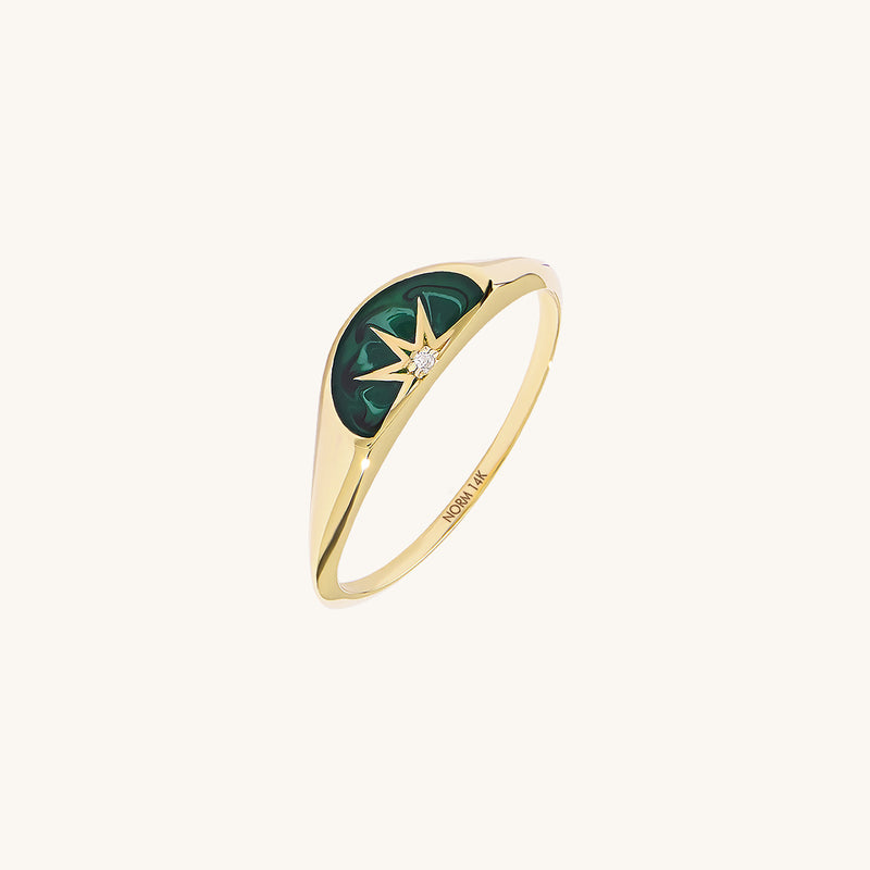 Sun Green Enamel Half Signet Ring in Solid 14K Gold