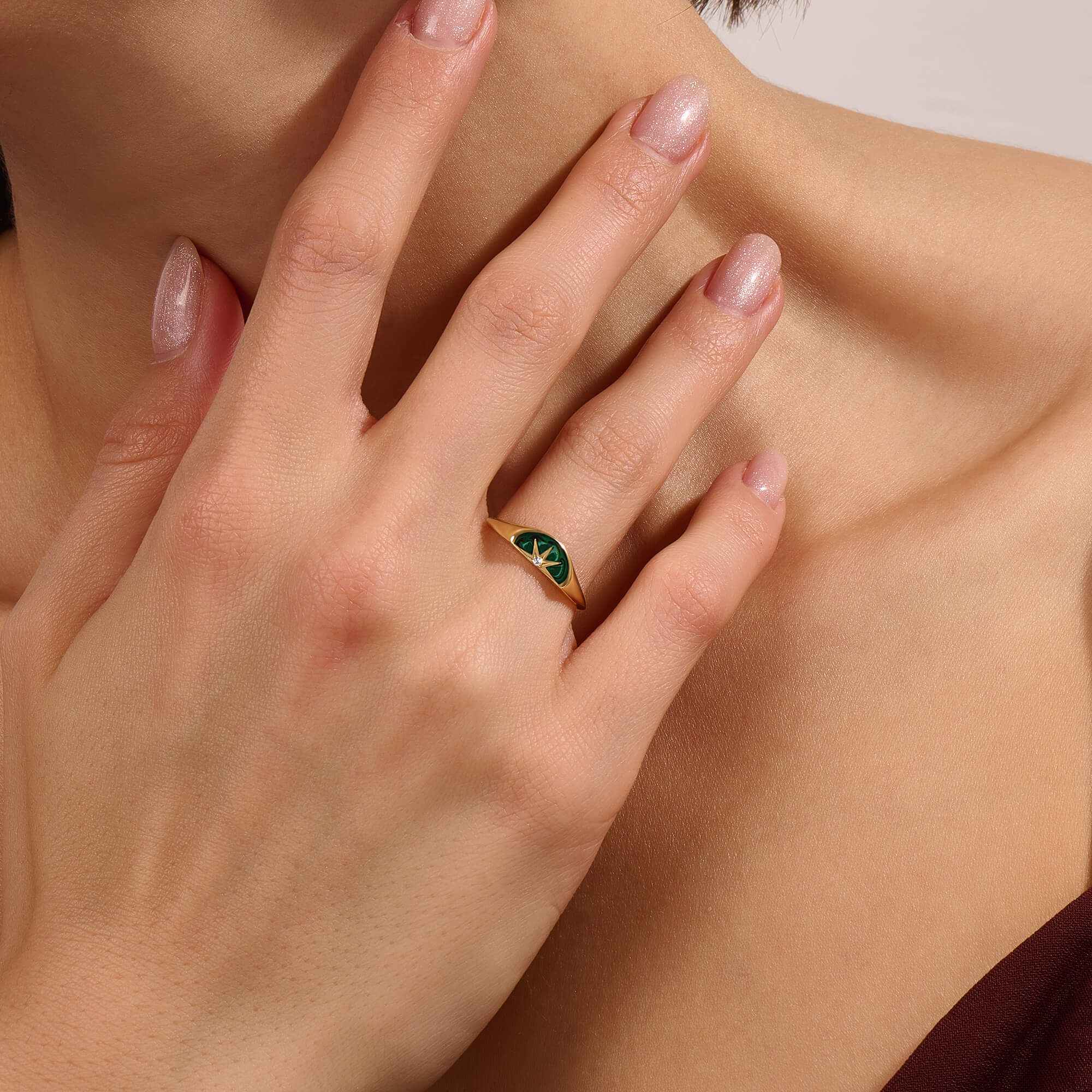 14K Real Gold Sun Green Enamel Semicircle Signet Ring