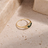 14K Solid Gold Sun Green Enamel Semicircle Signet Ring