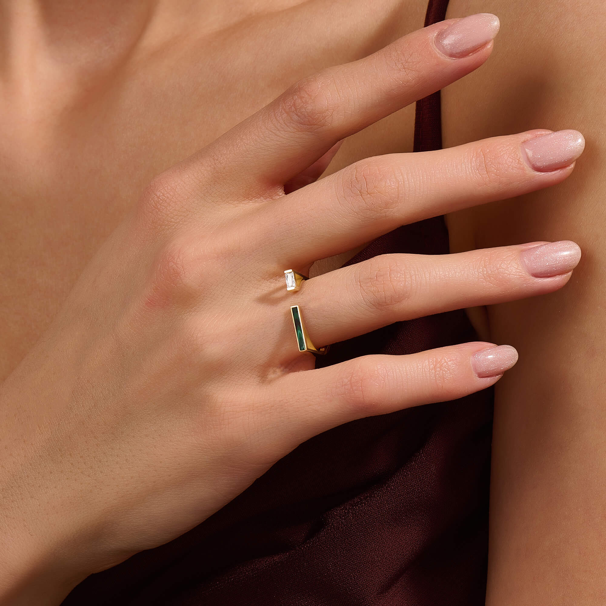 14K Real Yellow Gold Green Enamel Bar Stacking Ring