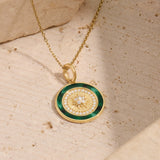 14K Real Yellow Gold Sunburst Coin Necklace - Green Enamel