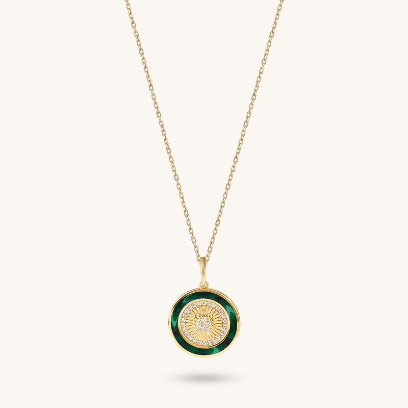 14K Solid Yellow Gold Sunburst Coin Necklace - Green Enamel