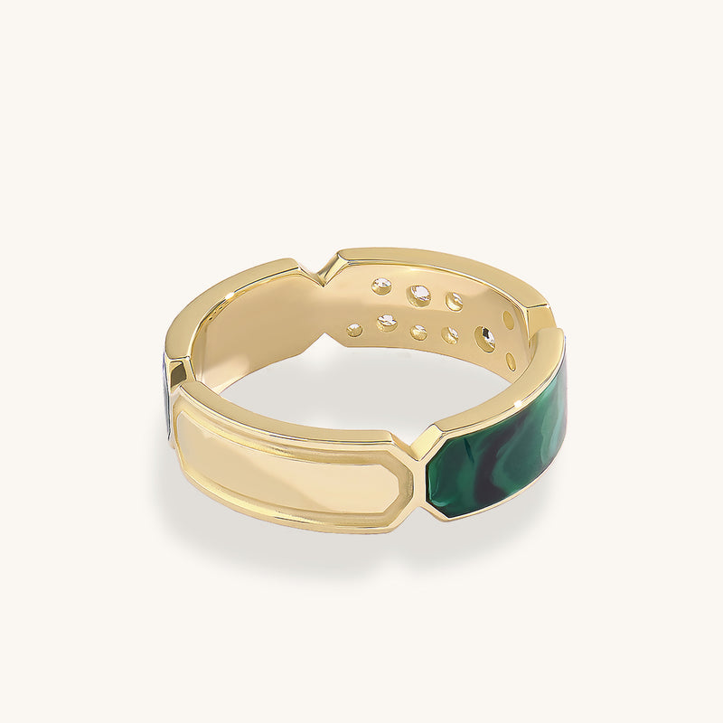 14k Solid Yellow Gold Green Enamel and Pave Bold Band Ring