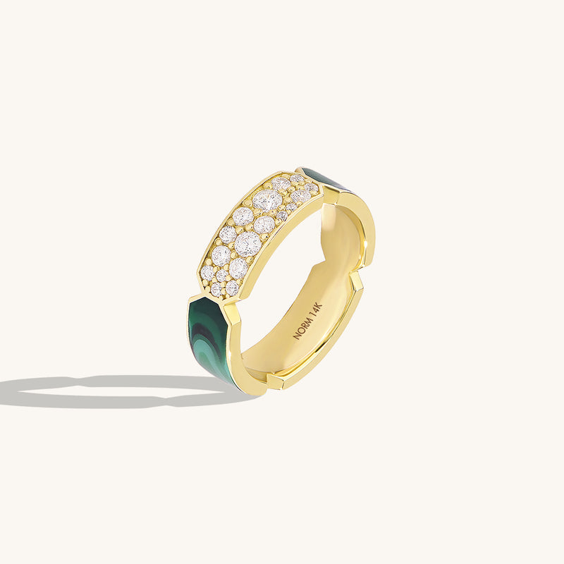 14k Solid Gold Green Enamel and Pave Bold Band Ring