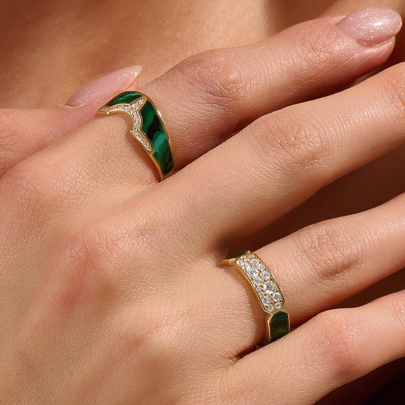14K Real Gold Green Bold 5mm Band Ring with White CZ Diamonds