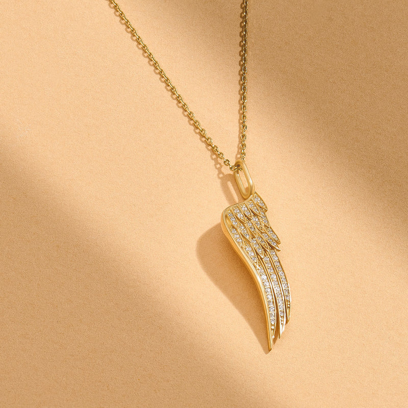 14K Real Gold Diamond Pave Angel Wing Necklace