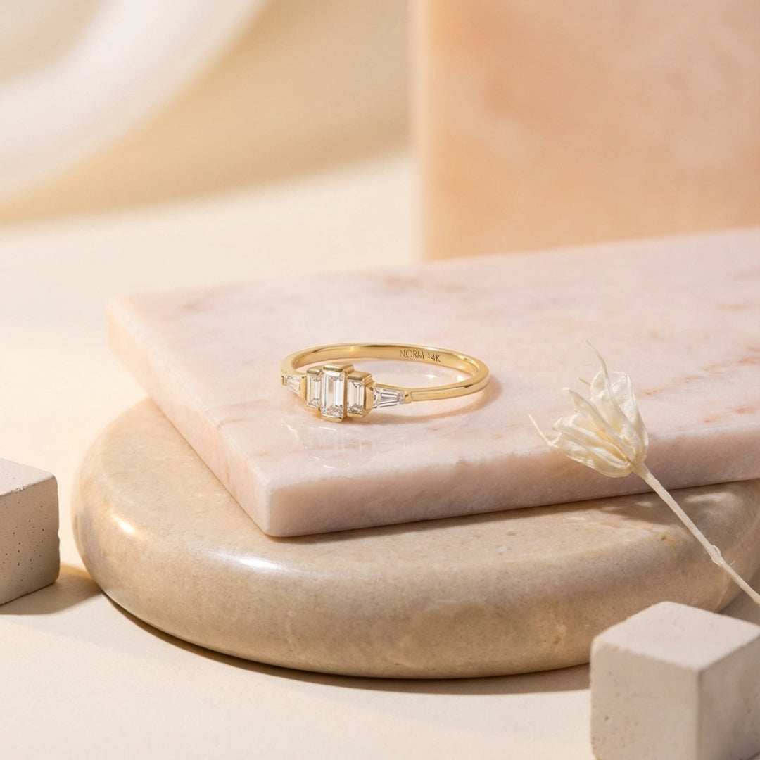 Art-Deco Style Baguette Moissanite Ring in Yellow Solid Gold