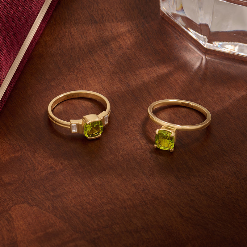 14K Real Gold Cushion-Cut Peridot Art Deco Engagement Ring