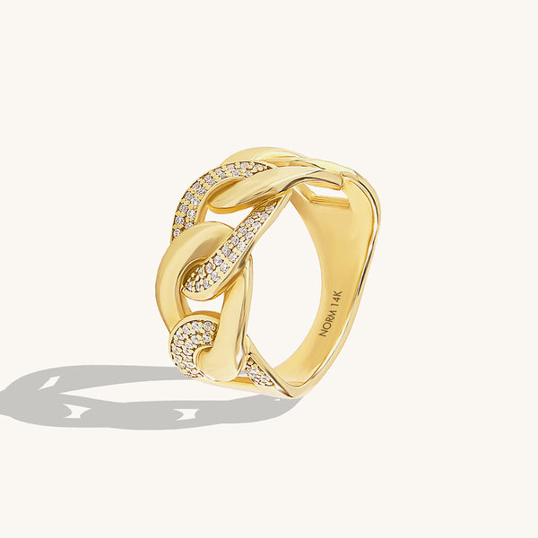 14K Real Yellow Gold CZ Paved Bold Cuban Chain Statement Ring