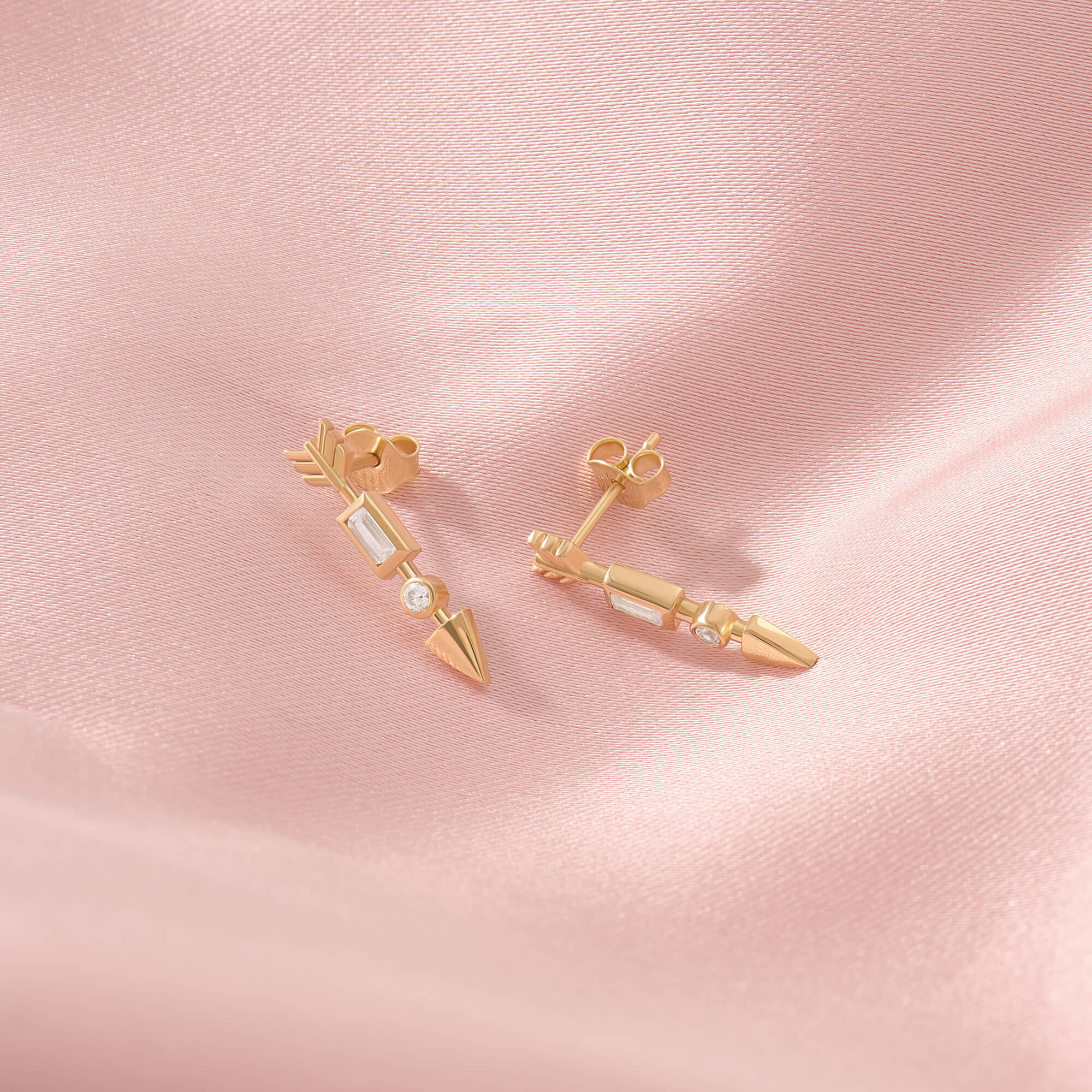 Baguette Stone Arrow Design Earrings in Yellow Gold