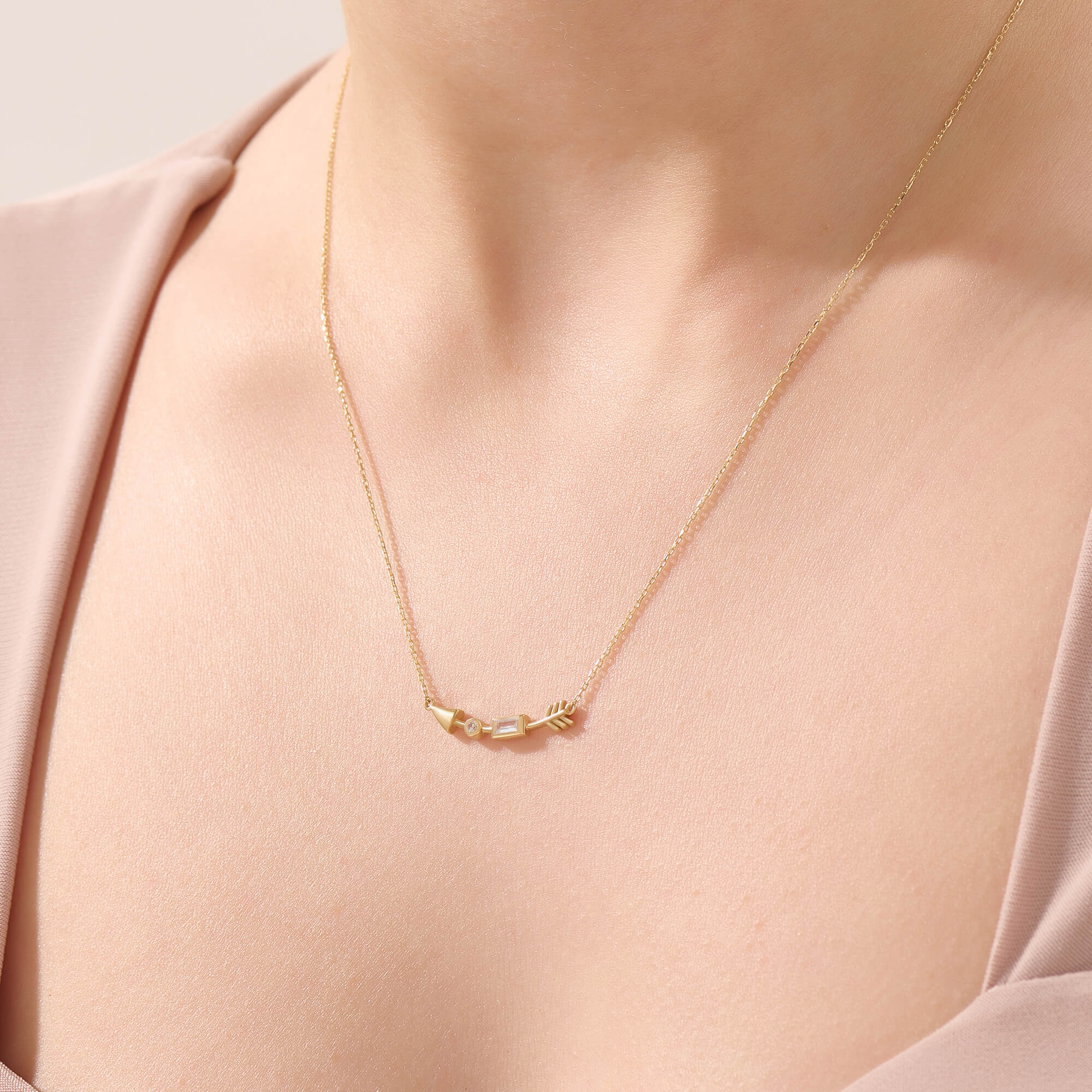 Women's Baguette Arrow Necklace in Yellow Gold