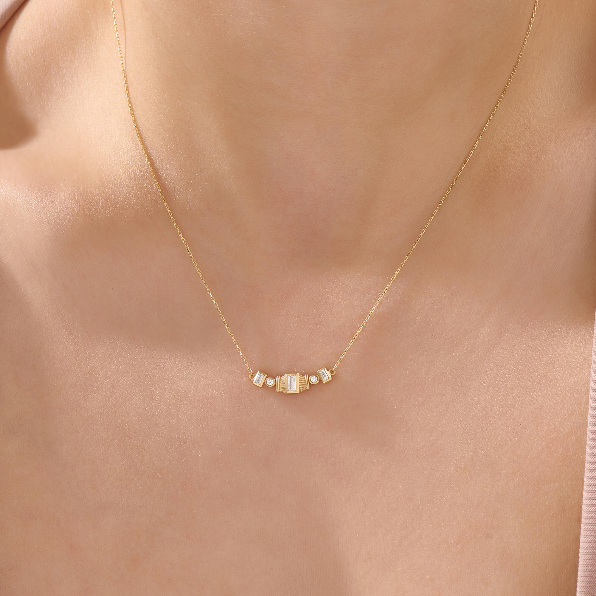 Women's Art Deco Style Baguette Necklace in Solid Gold