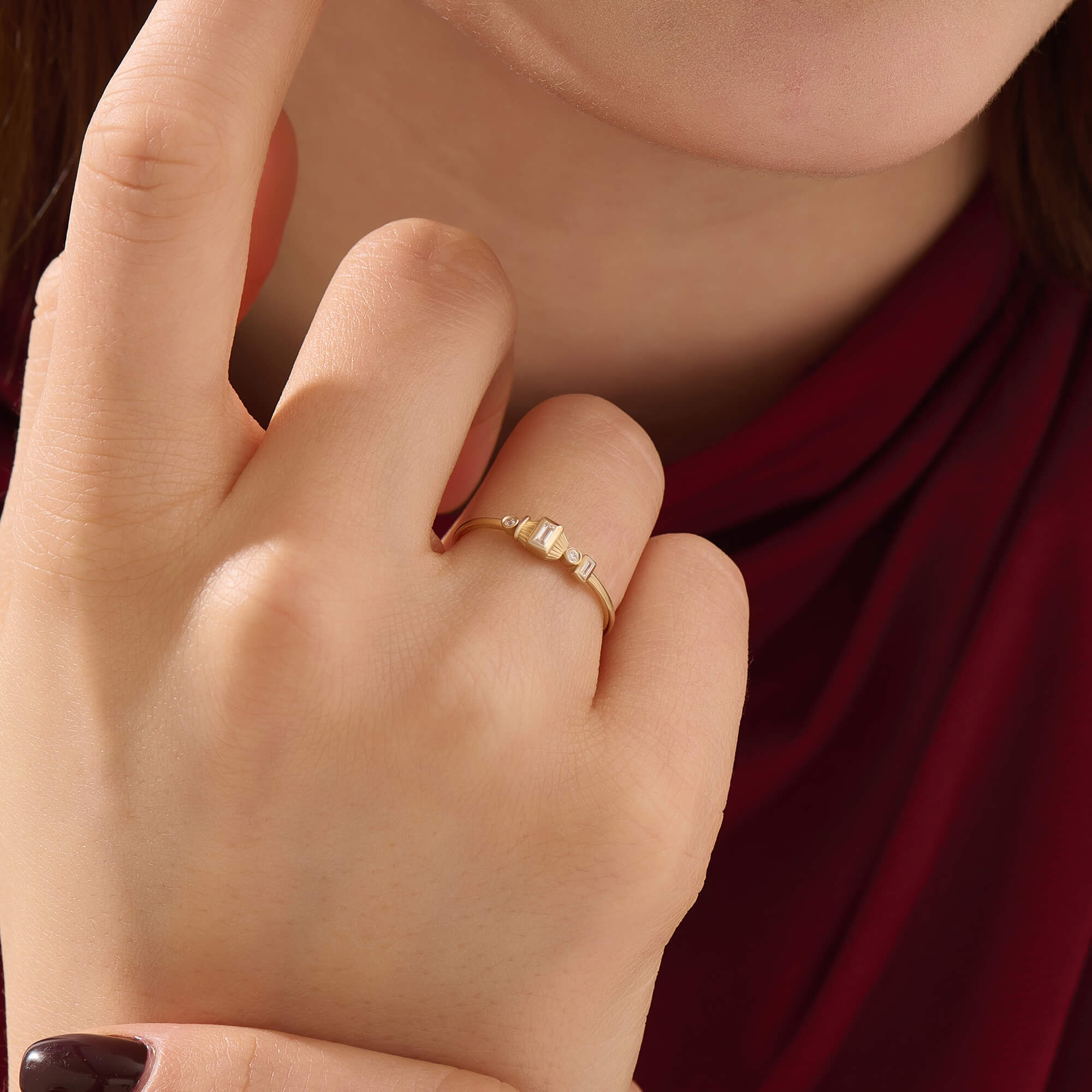 Women's Art Deco Style Solid Yellow Gold Baguette Stacking Ring