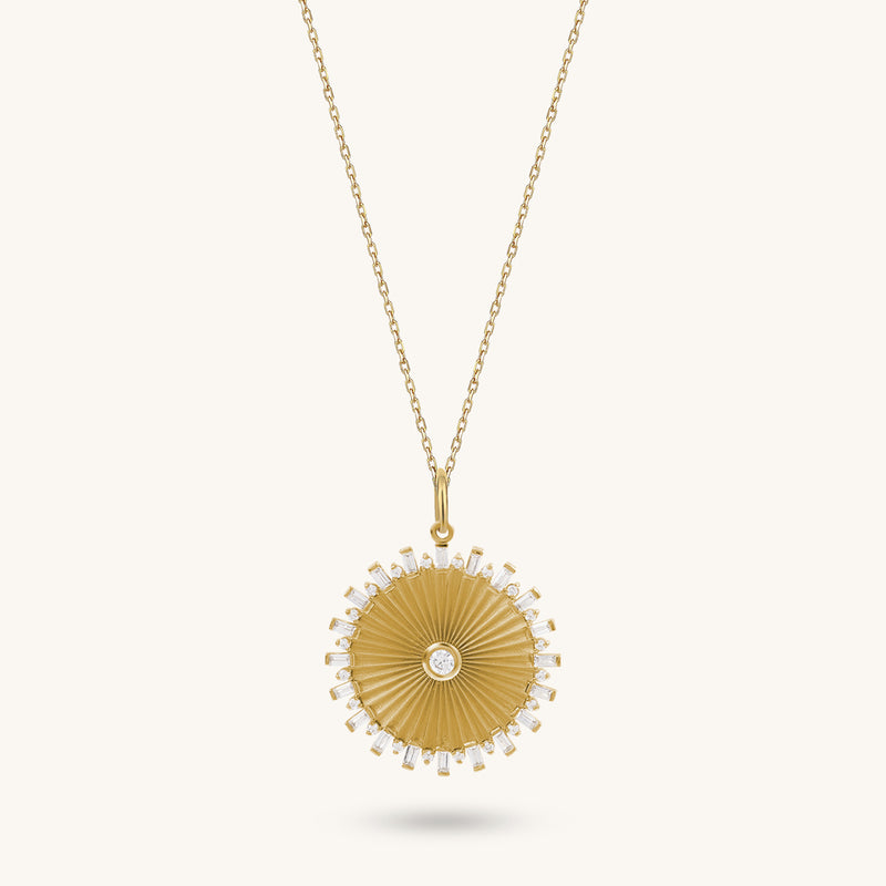 14K Gold Baguette Pave Sun Coin Necklace for Women