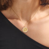 14K Real Yellow Gold Baguette Pave Sun Coin Necklace