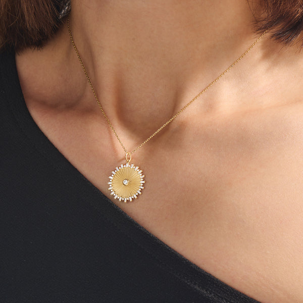 14K Real Gold Baguette Pave Sun Coin Necklace