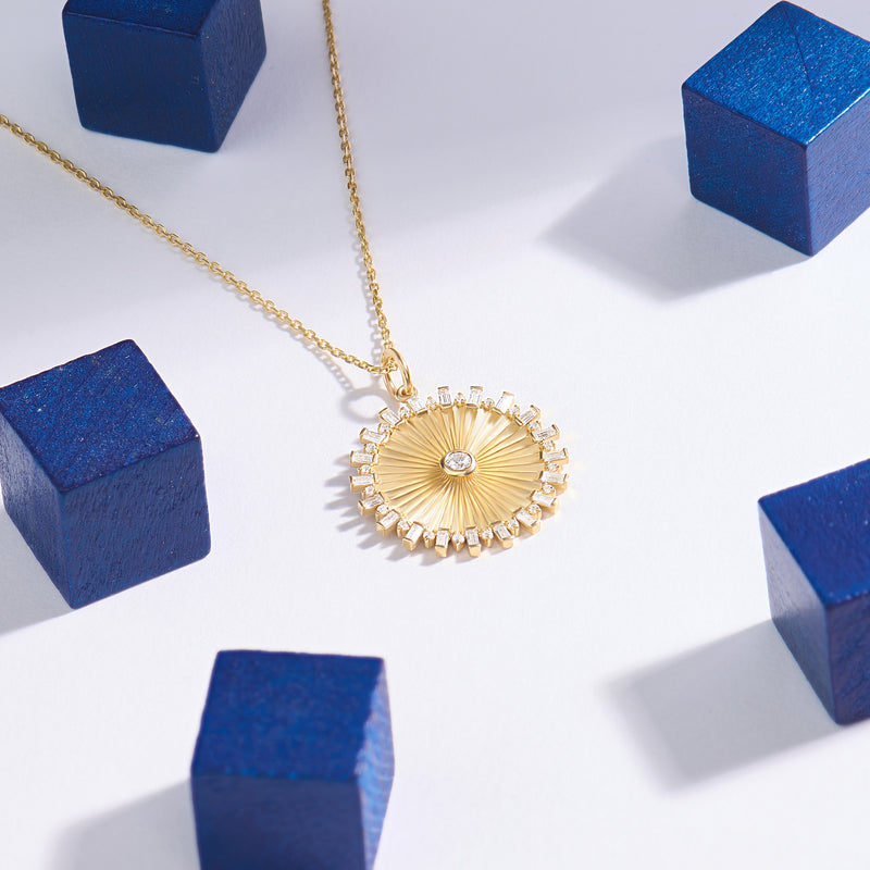Baguette Pave Sun Necklace in Gold