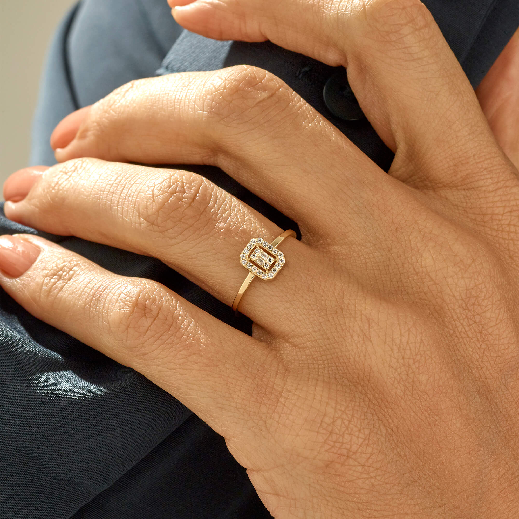 14K Solid Gold Baguette Engagement Ring Pave with CZ Diamonds