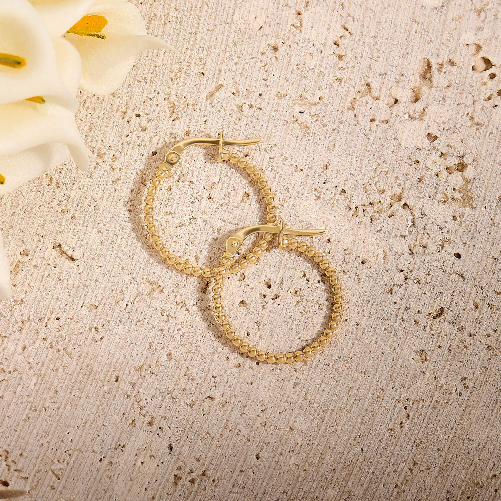 Beaded Hoop Earrings in 14K Real Gold