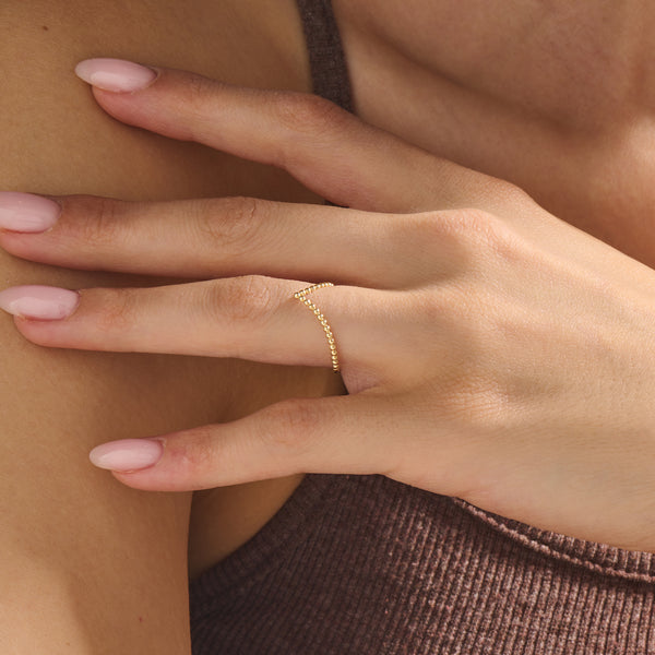 14K Real Gold Beaded Wishbone Curve Stacking Ring