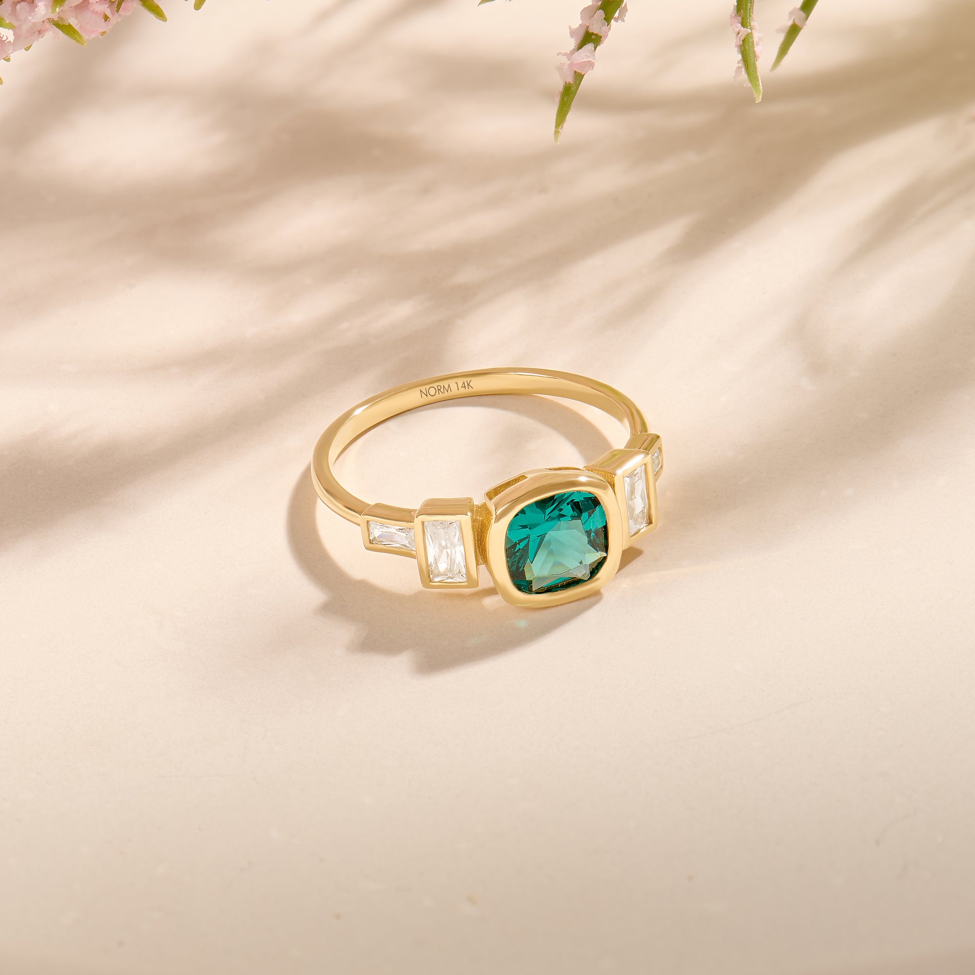 14K Real Gold Bezel-Set Cushion Arctic Green Engagement Ring – NORM JEWELS