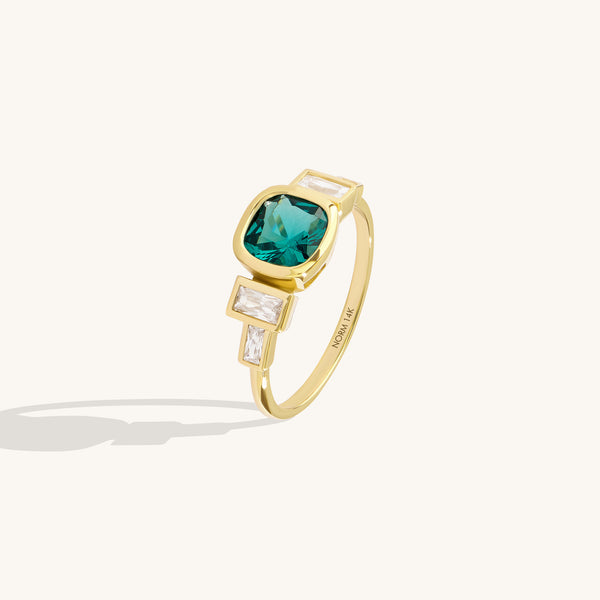 14K Real Gold Bezel-Set Cushion Arctic Green Engagement Ring