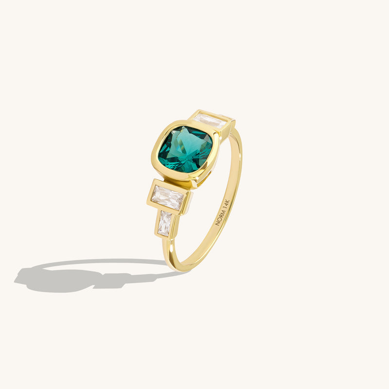 14K Real Gold Bezel-Set Cushion Arctic Green Engagement Ring